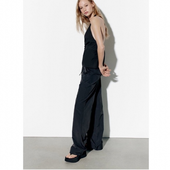 Zara Mid-Rise Nylon Pajama Pants Sz:S Black NWT - Picture 5 of 9
